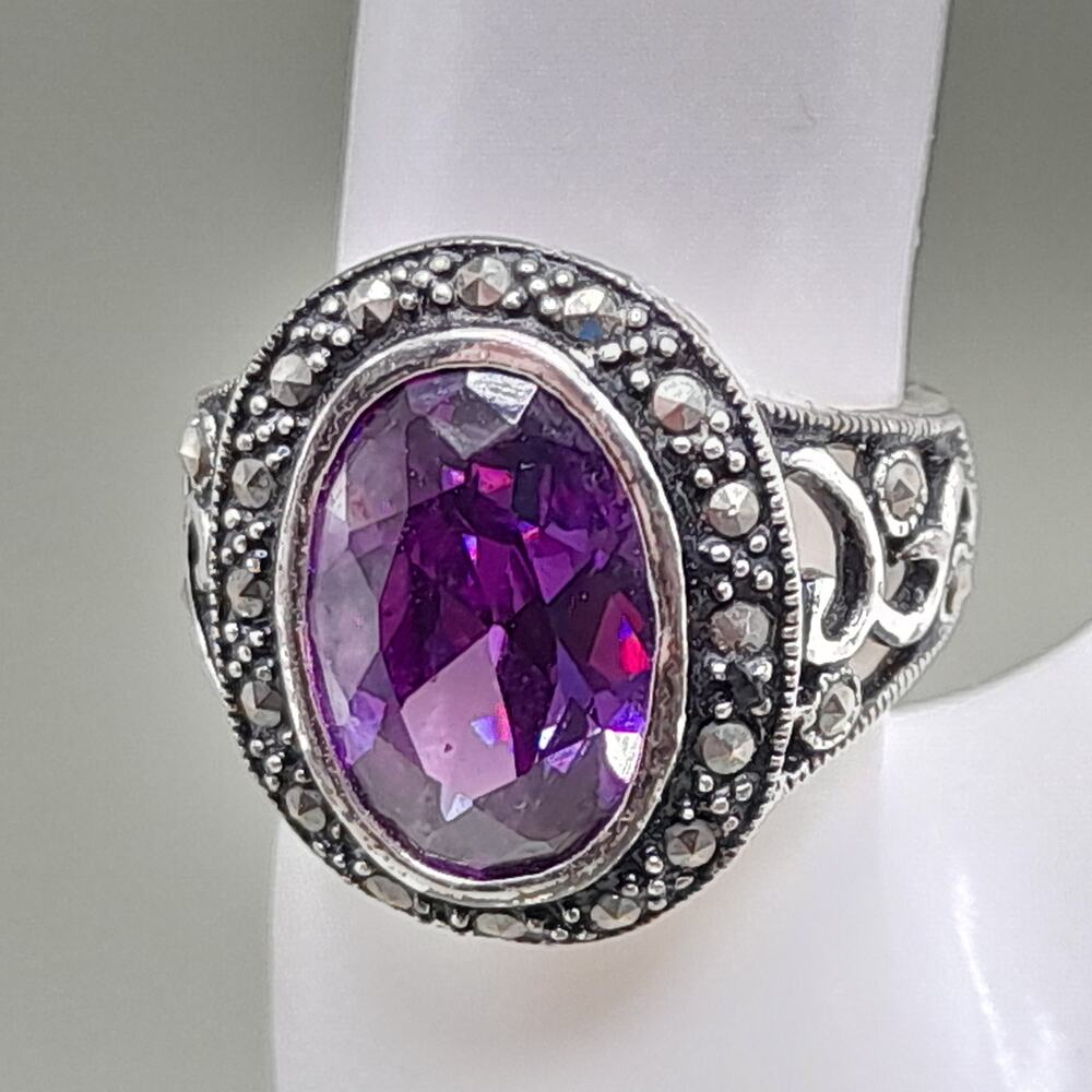 Vintage Purple Crystal Ring Marcasite 925 Sterling Size 8.25